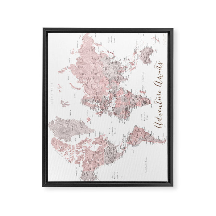 World map in dusty pink & grey watercolor, Adventure awaits Framed Canvas Print Gallery Image 1