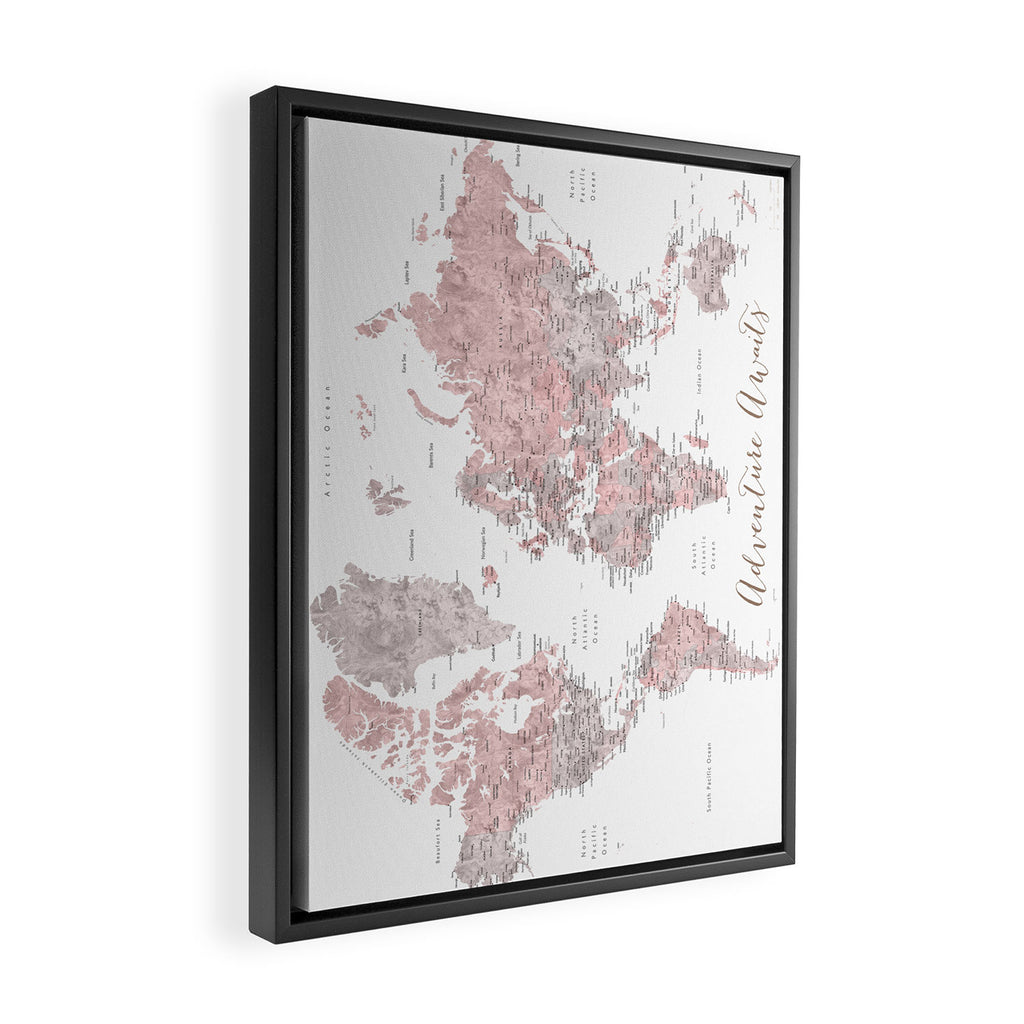World map in dusty pink & grey watercolor, Adventure awaits Framed Canvas Print Gallery Image 2