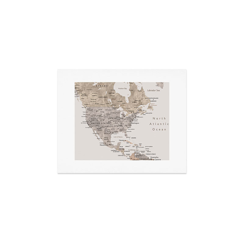 World map with cities in brown and light gray Art Print Gallery Image 1