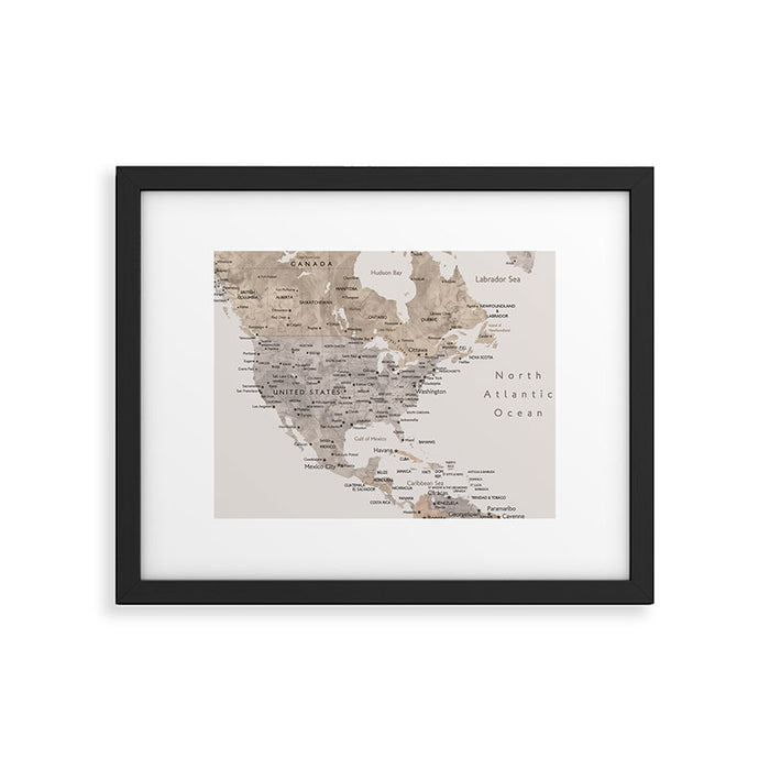 World map with cities in brown and light gray Framed Art Print Gallery Image 1