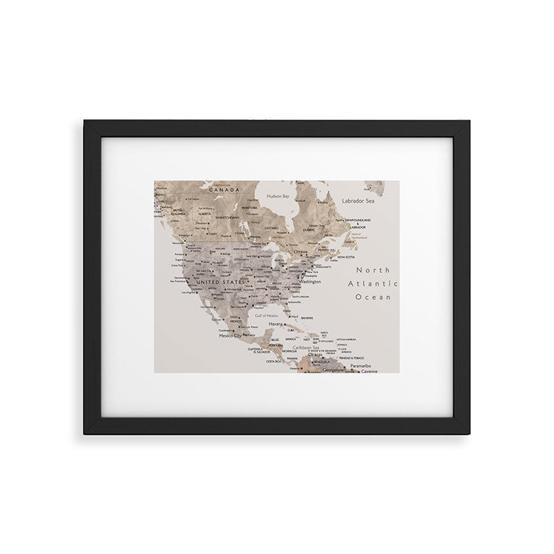 World map with cities in brown and light gray Framed Art Print Gallery Image 5