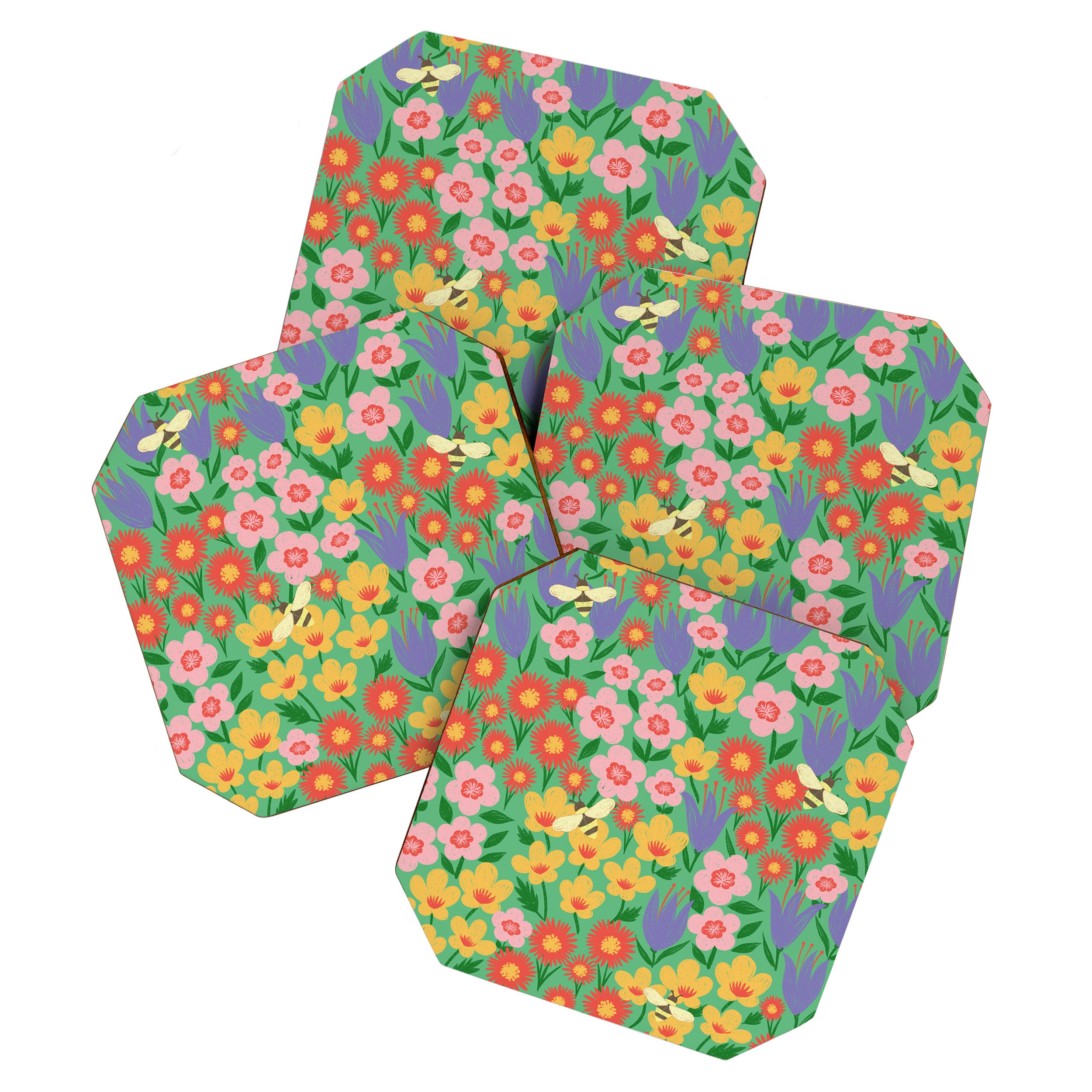 Bright Colorful Floral Meadow with Bees Coaster Gallery Image 1