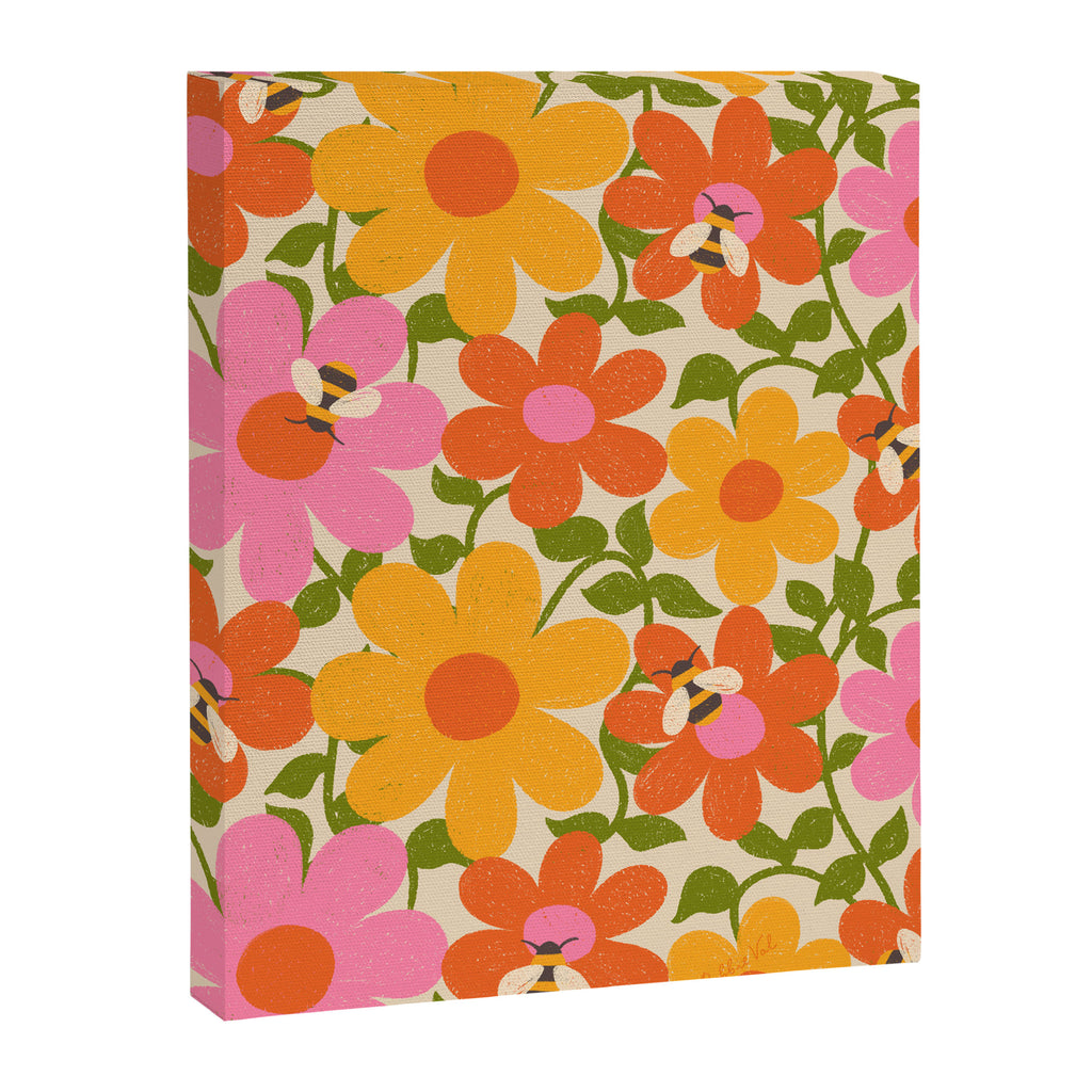 Bright Flowers and Bees Yellow Pink Orange Green Floral Canvas Print Gallery Image 6