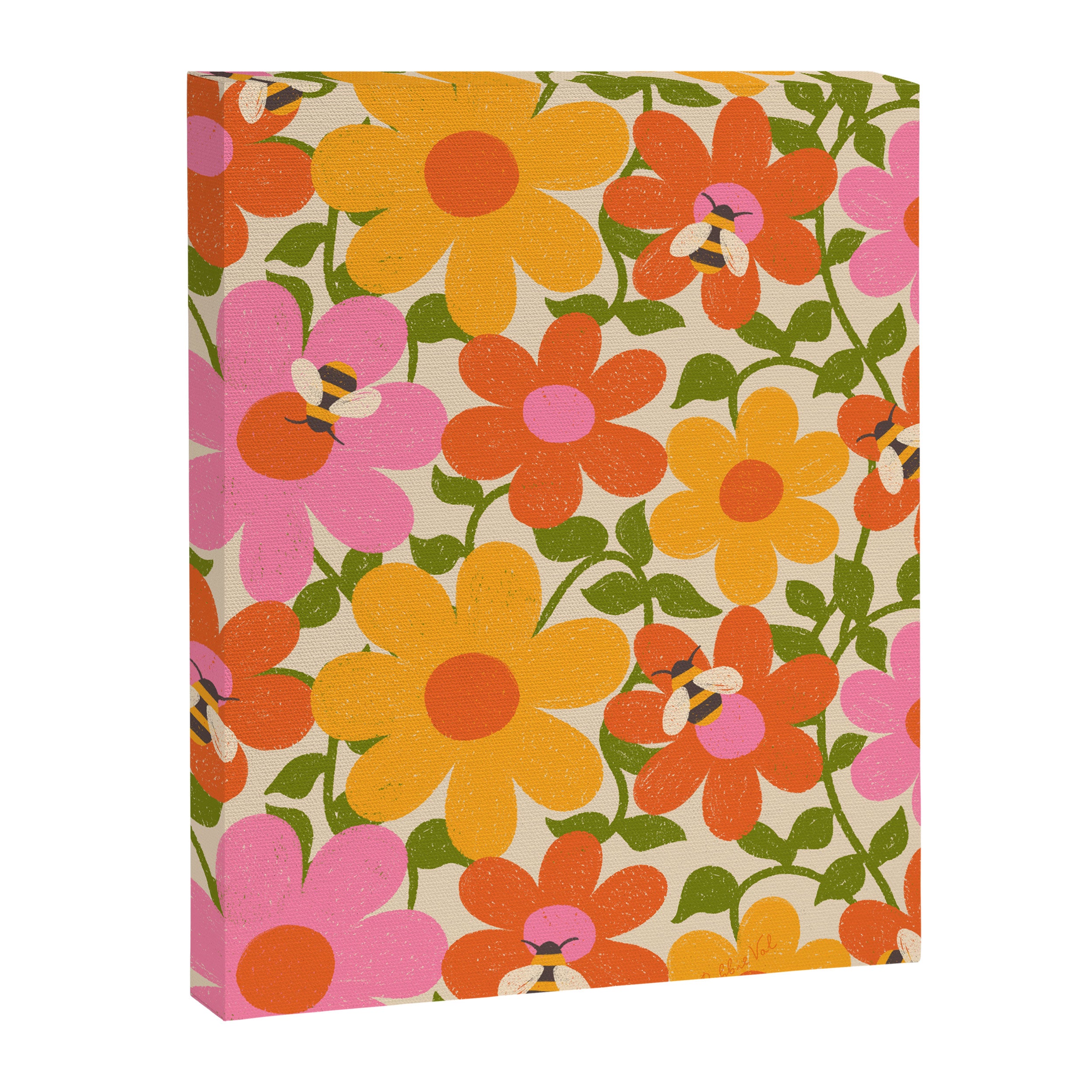 Bright Flowers and Bees Yellow Pink Orange Green Floral Canvas Print Gallery Image 6