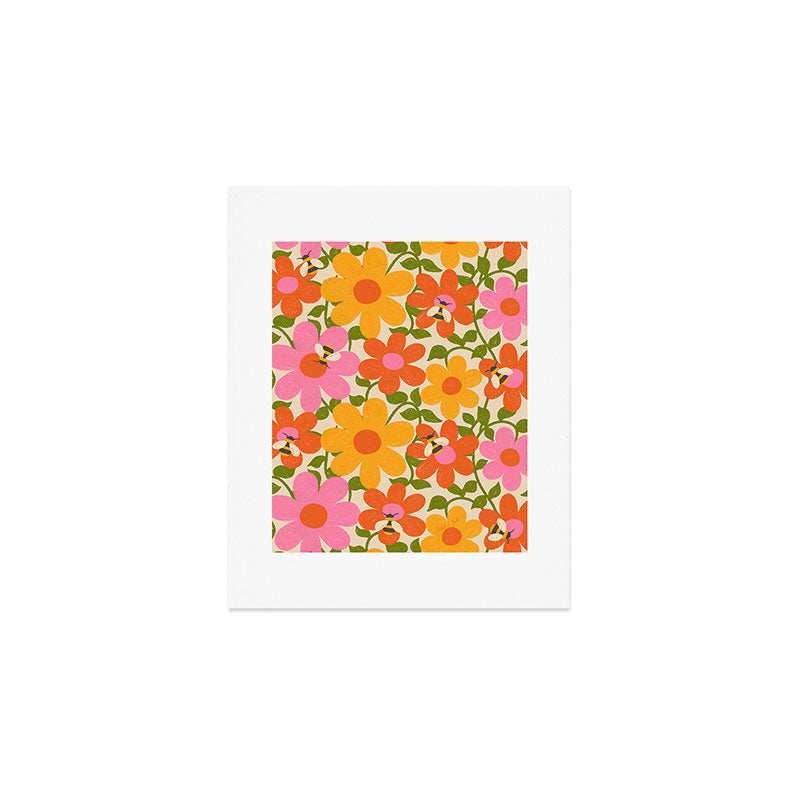 Bright Flowers and Bees Yellow Pink Orange Green Floral Art Print Gallery Image 1