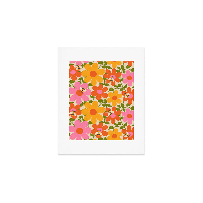 Bright Flowers and Bees Yellow Pink Orange Green Floral Art Print Gallery Image 1