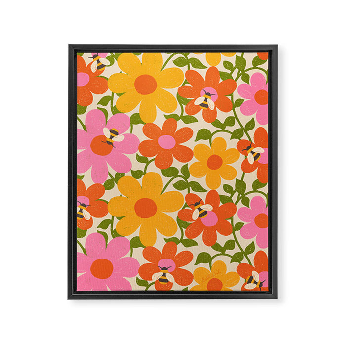 Bright Flowers and Bees Yellow Pink Orange Green Floral Framed Canvas Print Gallery Image 1