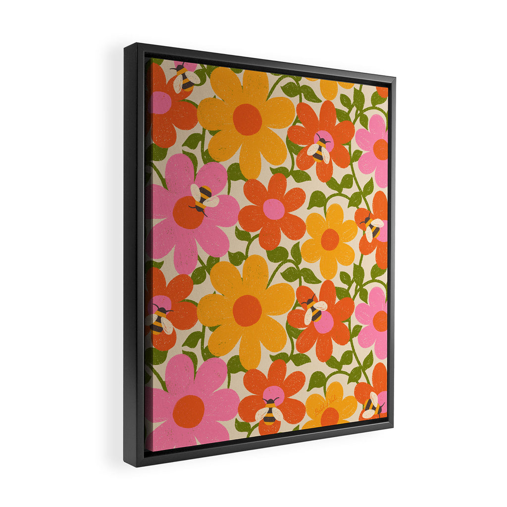 Bright Flowers and Bees Yellow Pink Orange Green Floral Framed Canvas Print Gallery Image 2