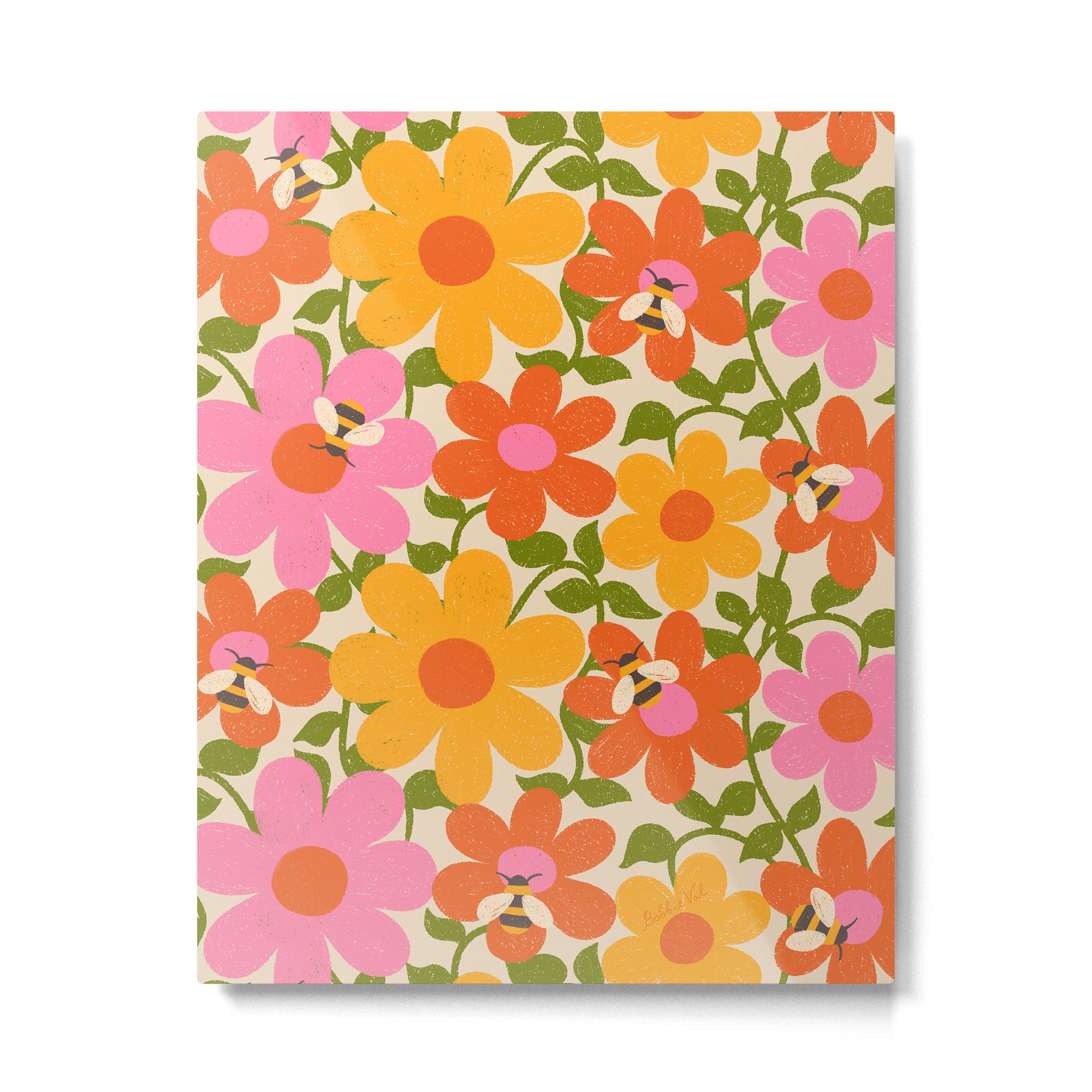 Bright Flowers and Bees Yellow Pink Orange Green Floral Metal Print Gallery Image 4
