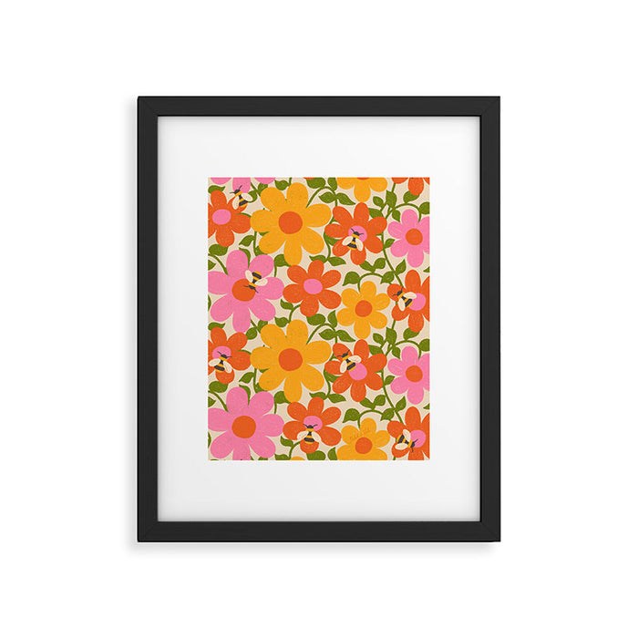 Bright Flowers and Bees Yellow Pink Orange Green Floral Framed Art Print Gallery Image 1