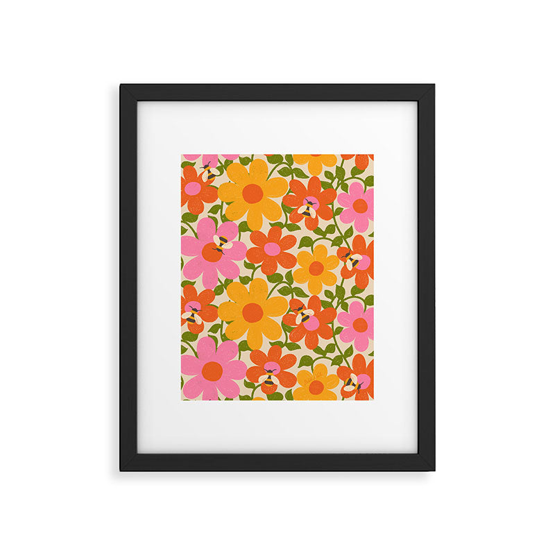 Bright Flowers and Bees Yellow Pink Orange Green Floral Framed Art Print Gallery Image 5