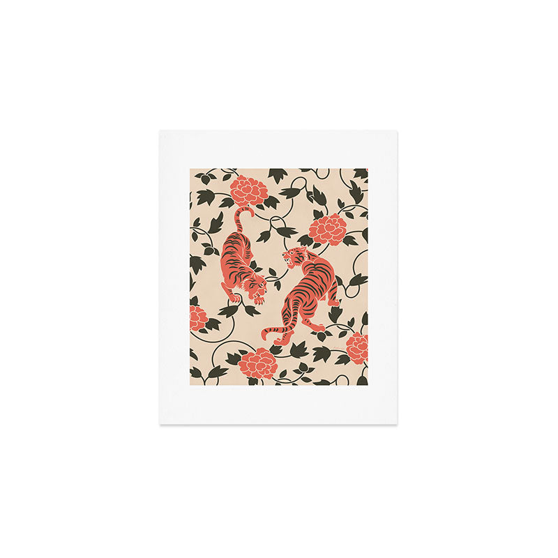 Chinese Tigers Retro Floral Pattern Art Print Gallery Image 1
