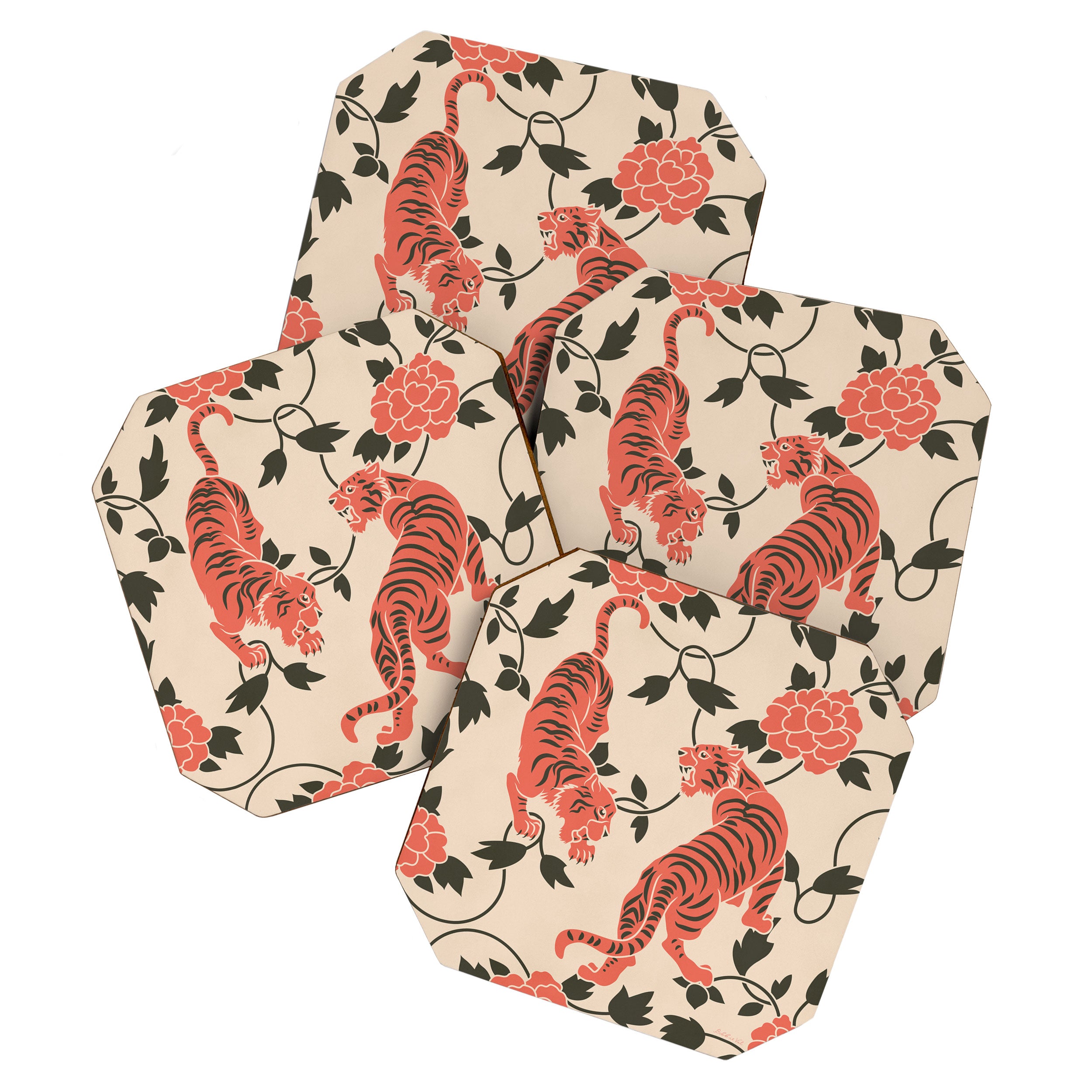 Chinese Tigers Retro Floral Pattern Coaster Gallery Image 1
