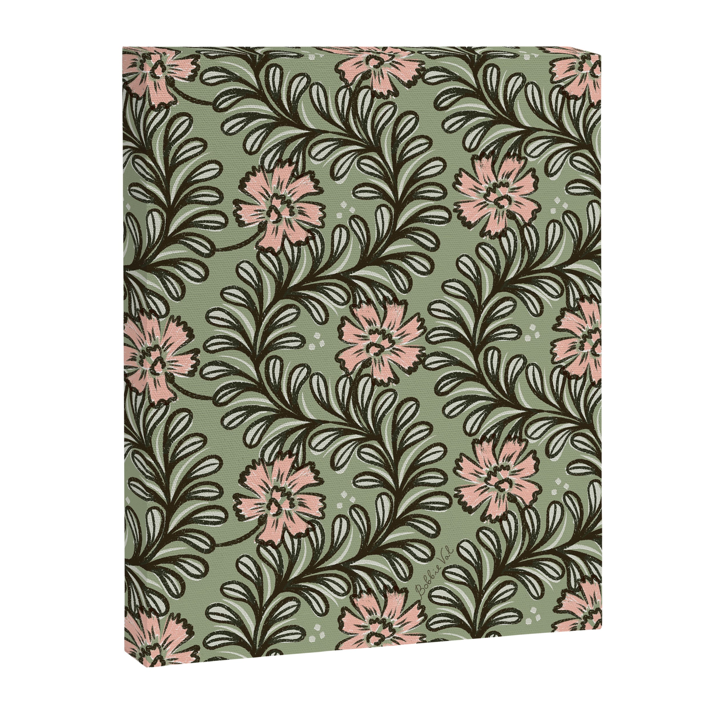 Climbing Leaves Floral Stripe Sage Green and Pink Canvas Print Gallery Image 6