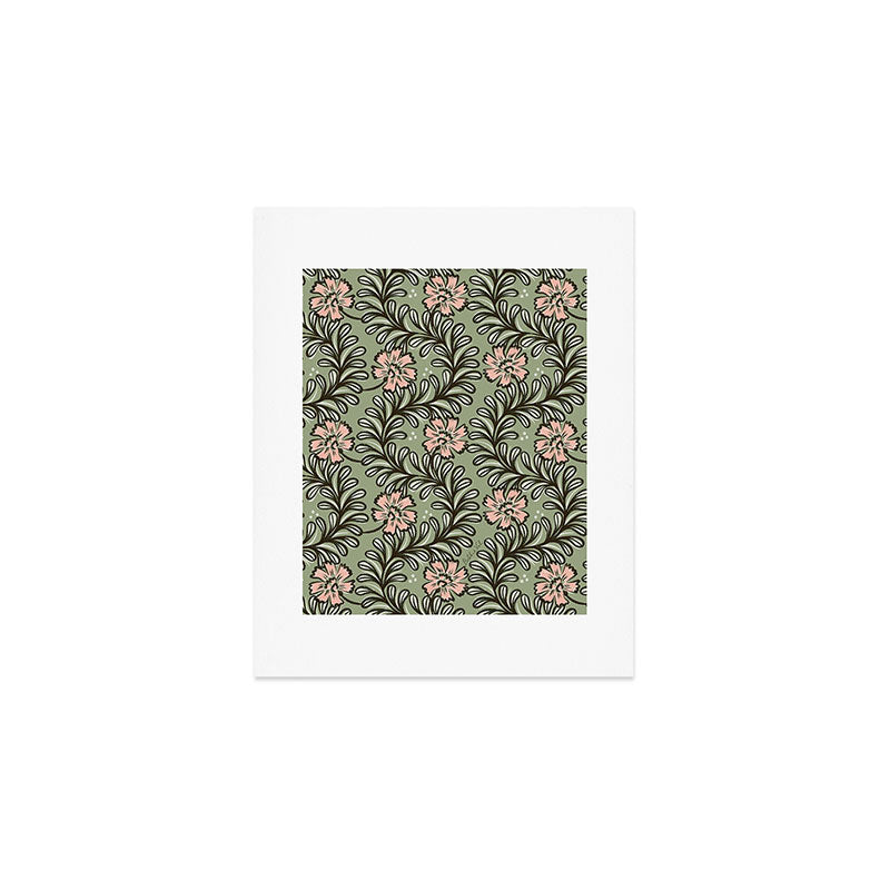 Climbing Leaves Floral Stripe Sage Green and Pink Art Print Gallery Image 1