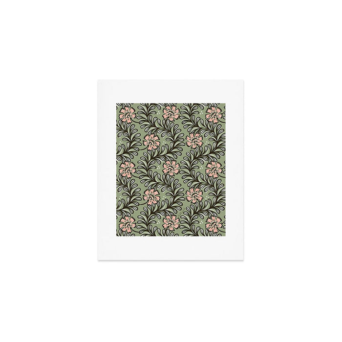 Climbing Leaves Floral Stripe Sage Green and Pink Art Print Gallery Image 1