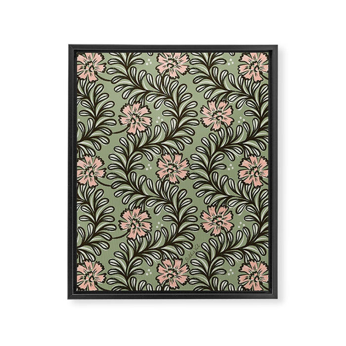 Climbing Leaves Floral Stripe Sage Green and Pink Framed Canvas Print Gallery Image 1