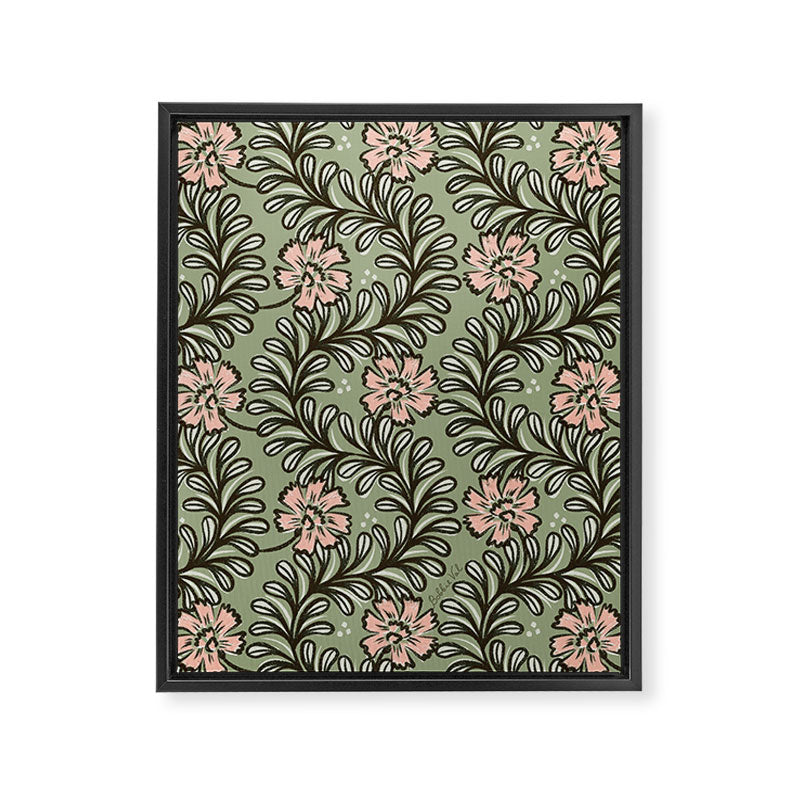 Climbing Leaves Floral Stripe Sage Green and Pink Framed Canvas Print Gallery Image 6