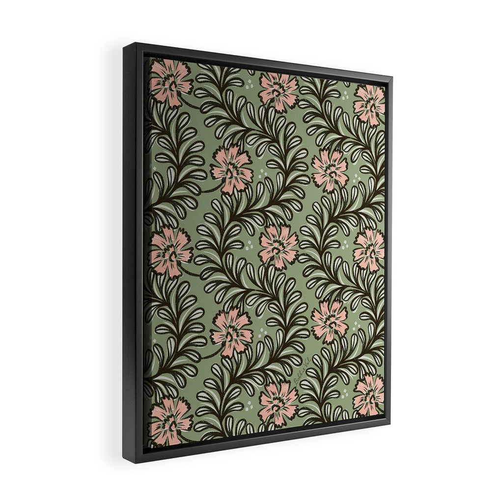 Climbing Leaves Floral Stripe Sage Green and Pink Framed Canvas Print Gallery Image 2