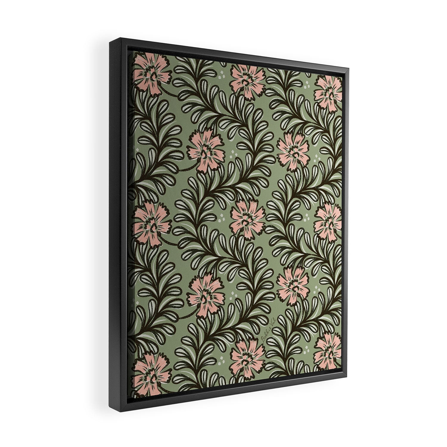 Climbing Leaves Floral Stripe Sage Green and Pink Framed Canvas Print Gallery Image 2