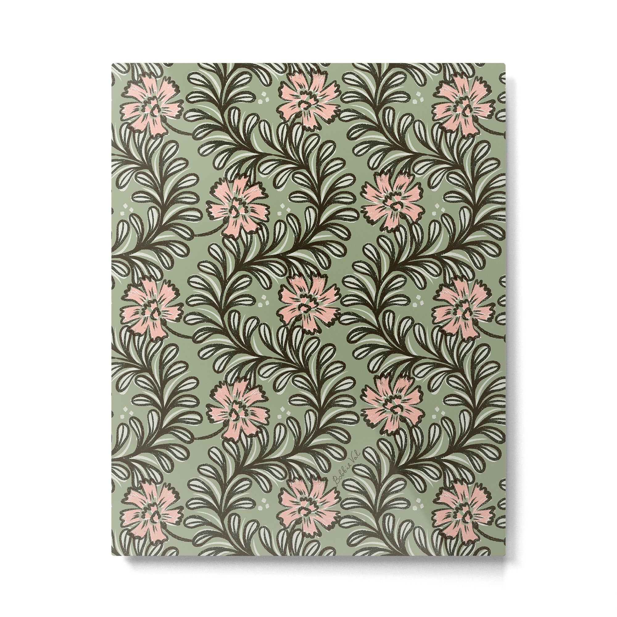 Climbing Leaves Floral Stripe Sage Green and Pink Metal Print Gallery Image 4