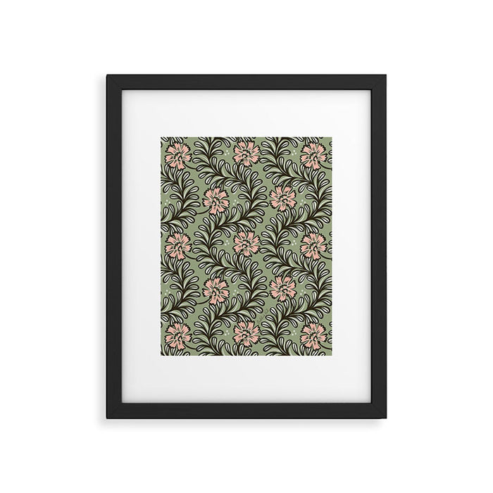 Climbing Leaves Floral Stripe Sage Green and Pink Framed Art Print Gallery Image 1