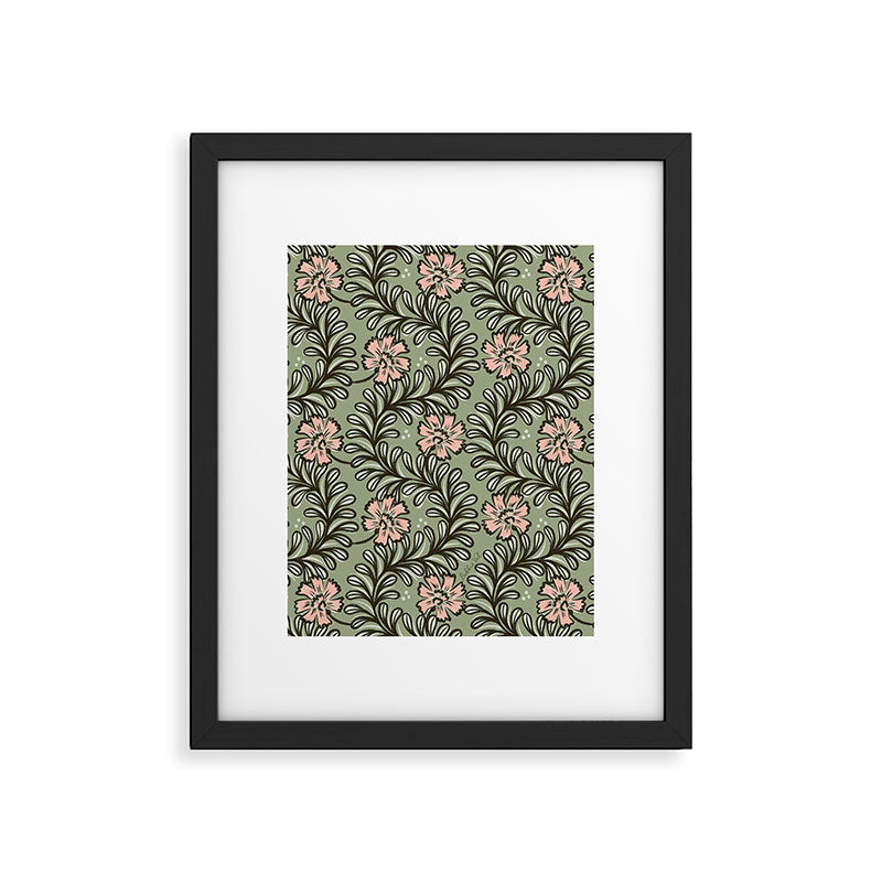 Climbing Leaves Floral Stripe Sage Green and Pink Framed Art Print Gallery Image 5