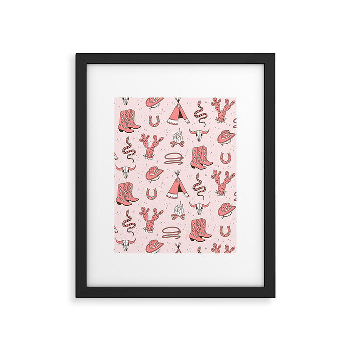 Cute Cowgirl Pattern, Cowboy Print in Blush Pink Framed Art Print Gallery Image 1