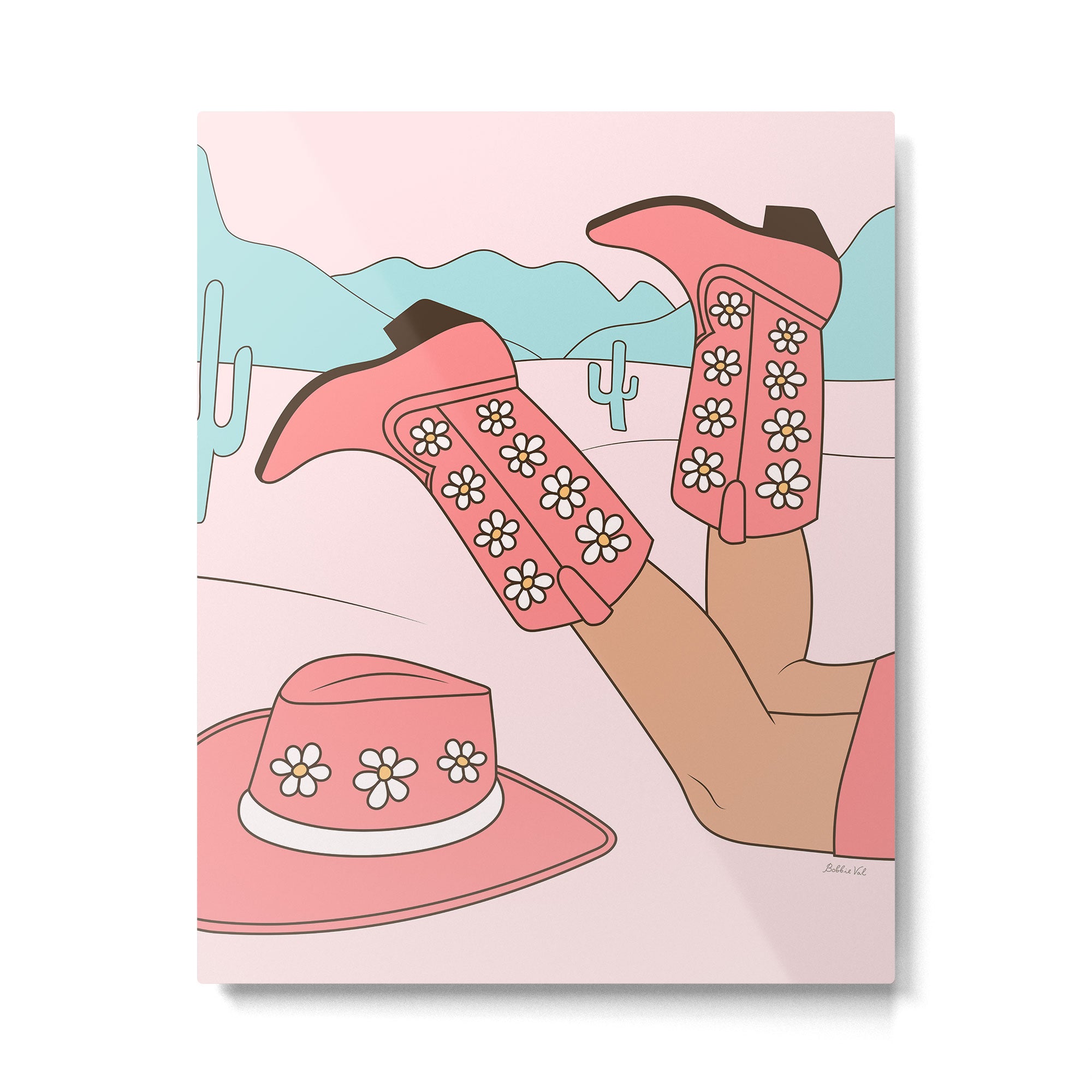 Cute Desert Cowgirl Pink Cowboy Boots Daisy Metal Print Gallery Image 6