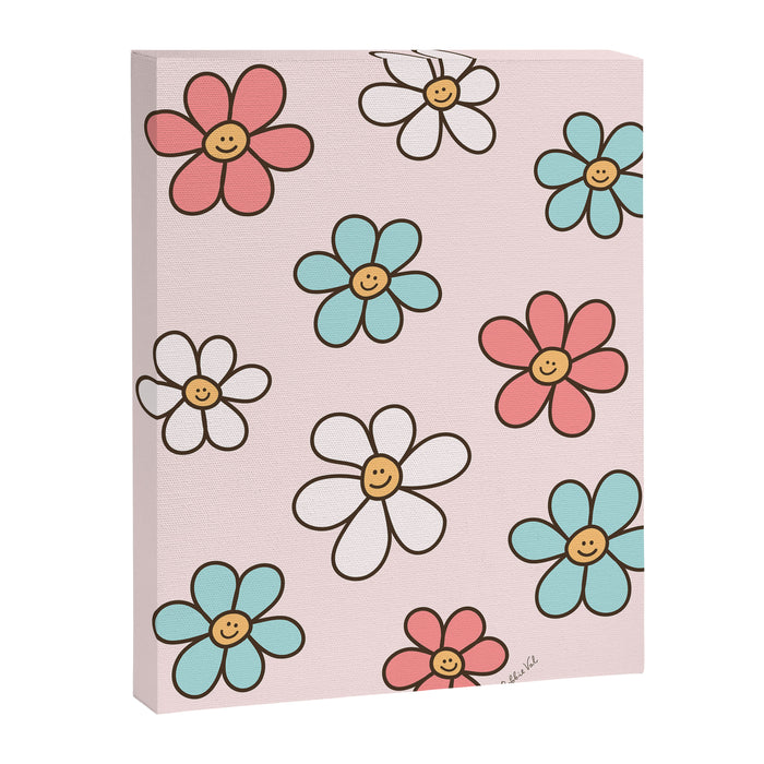 Happy Daisy Pattern, Cute and Fun Smiling Colorful Daisies Canvas Print Gallery Image 1