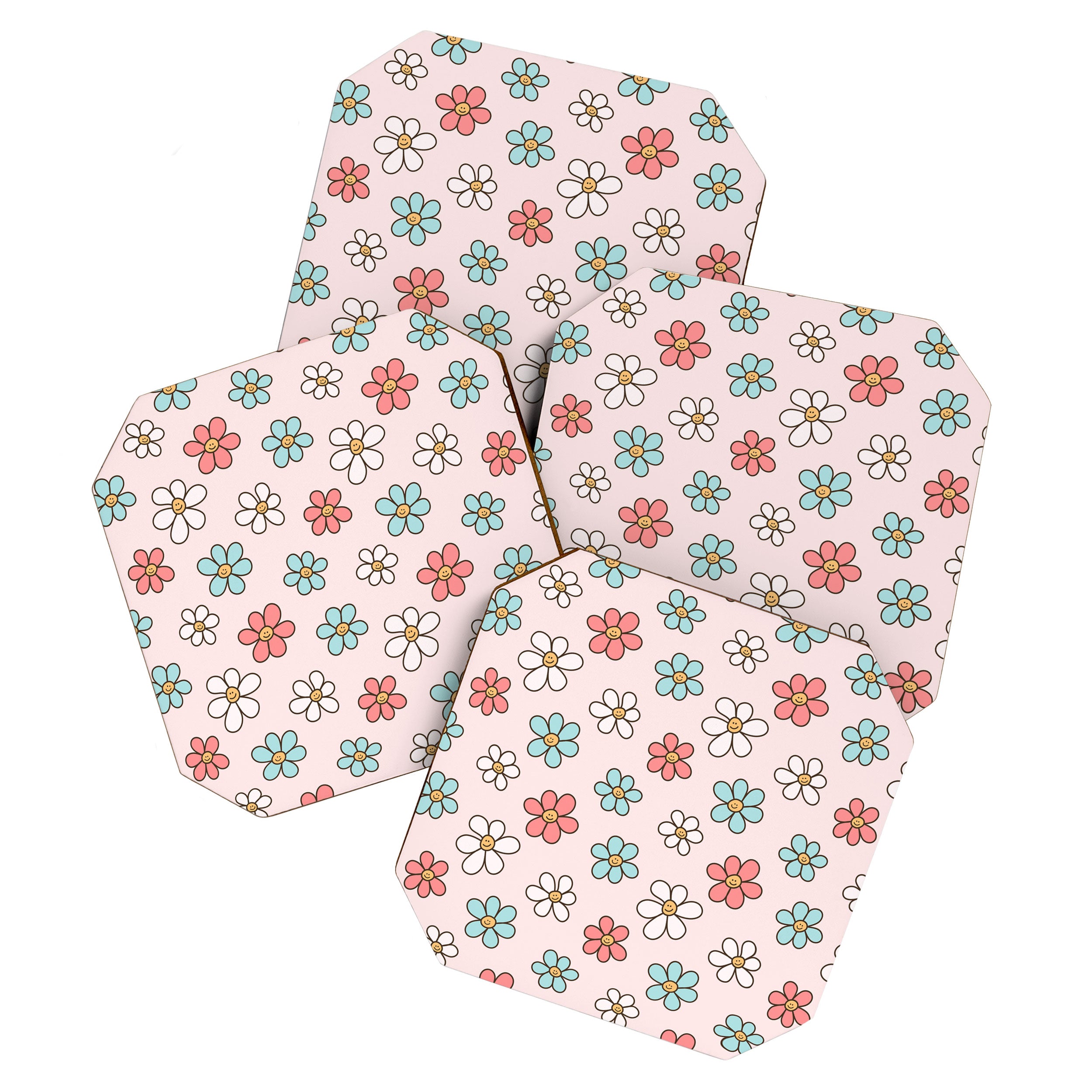 Happy Daisy Pattern, Cute and Fun Smiling Colorful Daisies Coaster Gallery Image 1