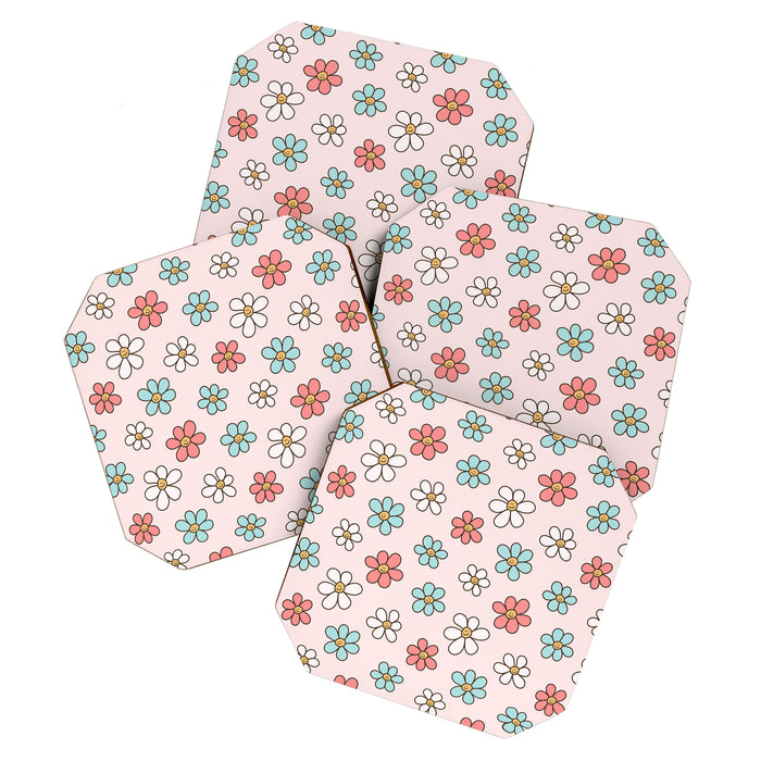 Happy Daisy Pattern, Cute and Fun Smiling Colorful Daisies Coaster Gallery Image 1