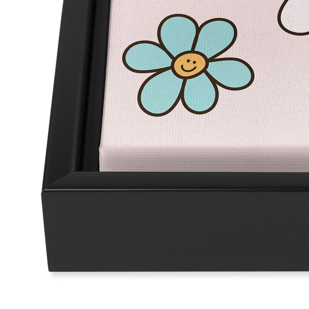 Happy Daisy Pattern, Cute and Fun Smiling Colorful Daisies Framed Canvas Print Gallery Image 3