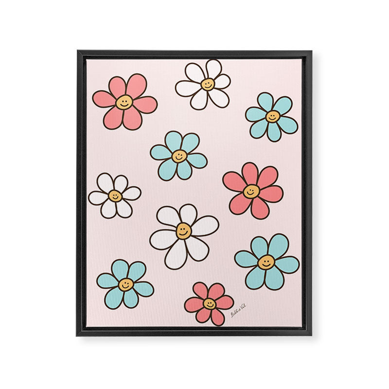 Happy Daisy Pattern, Cute and Fun Smiling Colorful Daisies Framed Canvas Print Gallery Image 6