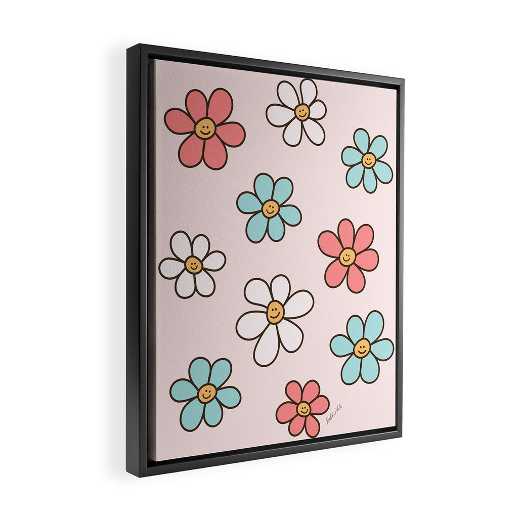 Happy Daisy Pattern, Cute and Fun Smiling Colorful Daisies Framed Canvas Print Gallery Image 2