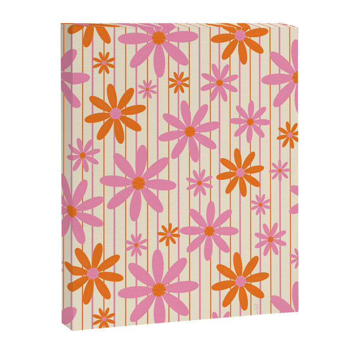  Retro 70s Groovy Daisy Pattern with Stripes, Hot Orange and Pink Canvas Print Gallery Image 1