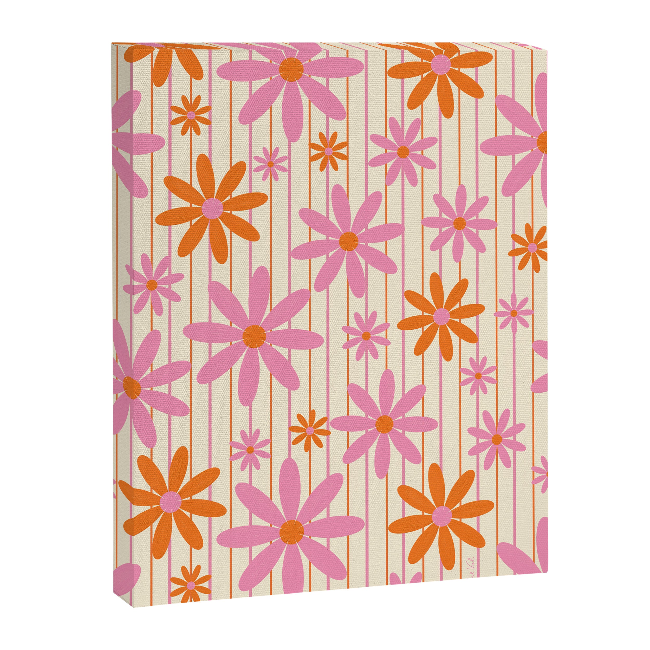 Retro 70s Groovy Daisy Pattern with Stripes, Hot Orange and Pink Canvas Print Gallery Image 8