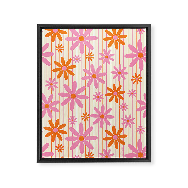  Retro 70s Groovy Daisy Pattern with Stripes, Hot Orange and Pink Framed Canvas Print Gallery Image 8