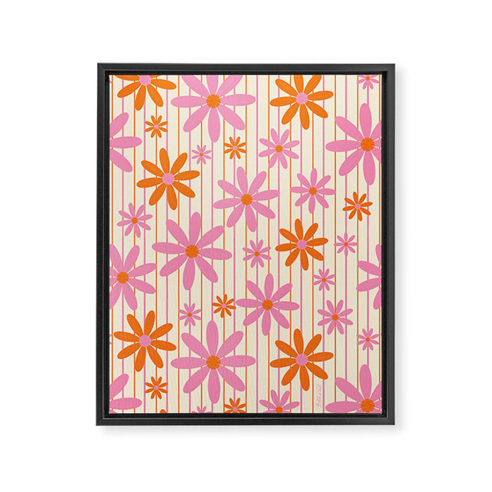  Retro 70s Groovy Daisy Pattern with Stripes, Hot Orange and Pink Framed Canvas Print Gallery Image 1