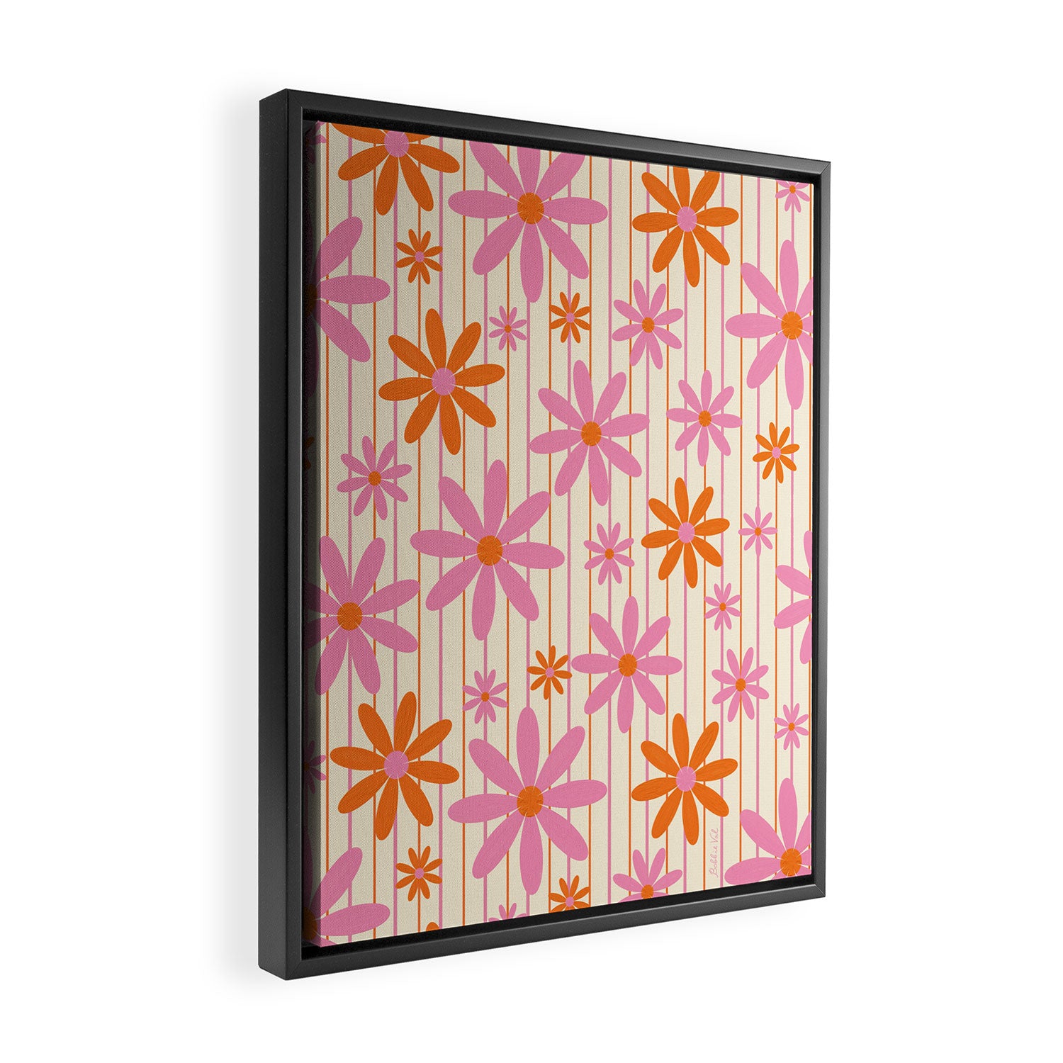  Retro 70s Groovy Daisy Pattern with Stripes, Hot Orange and Pink Framed Canvas Print Gallery Image 2
