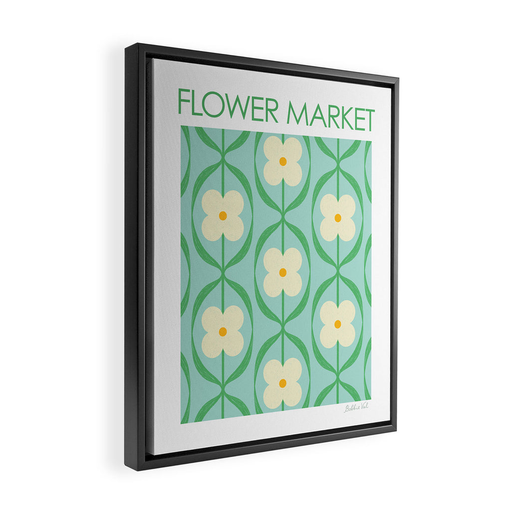 Sky Blue Retro Flowers Vintage Daisy Floral Geometric Green Framed Canvas Print Gallery Image 2