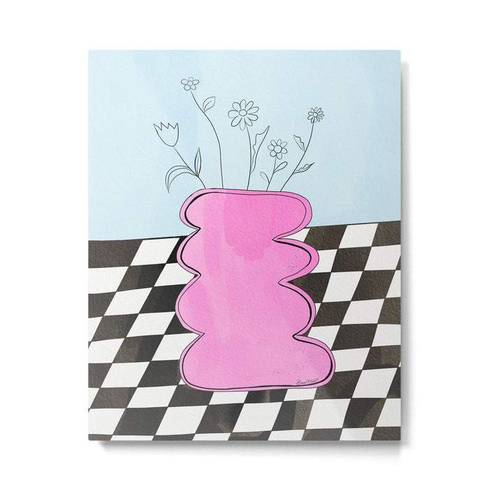 Pink Wavy Vase with Checkerboard Pattern Metal Print Gallery Image 1