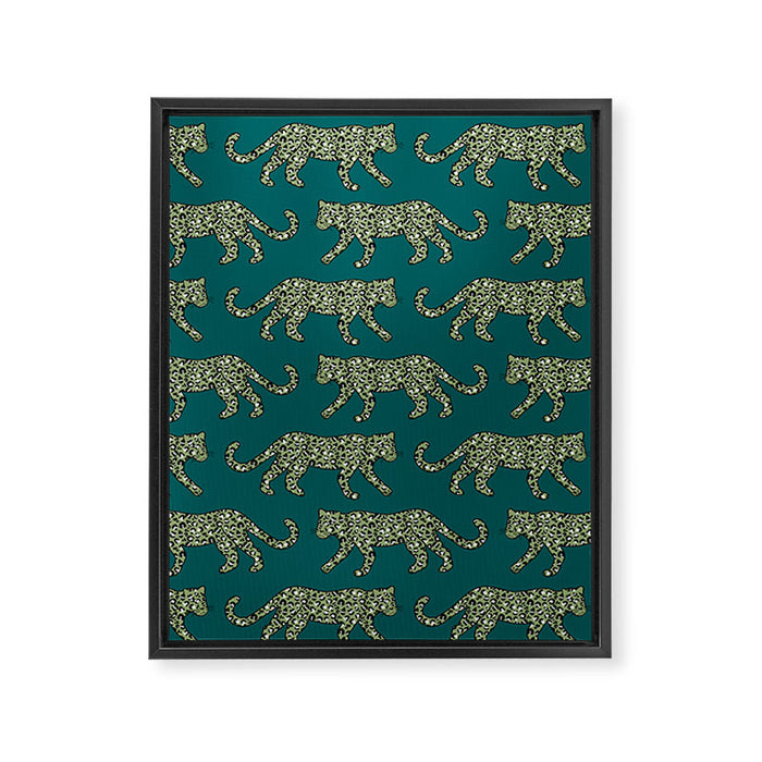 Kitty Parade - Olive on Dark Teal Framed Canvas Print Gallery Image 1