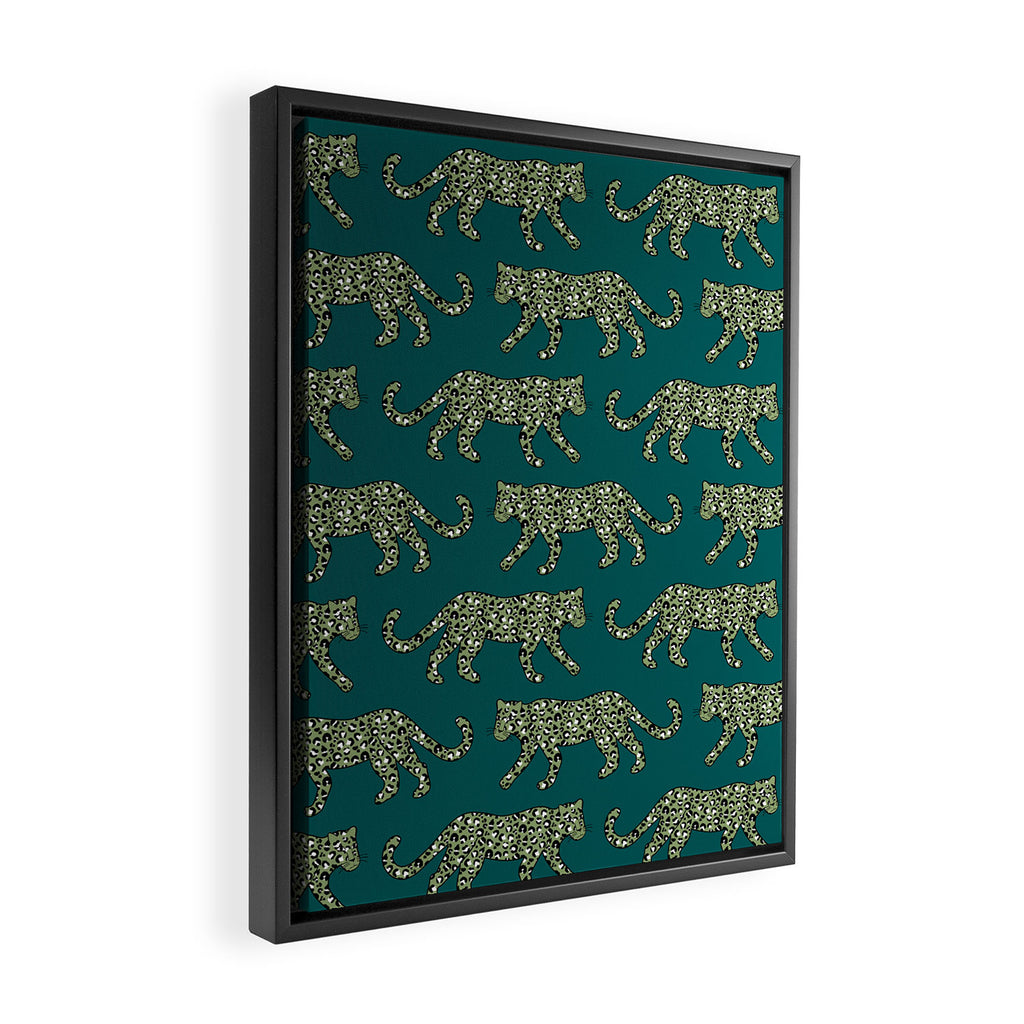 Kitty Parade - Olive on Dark Teal Framed Canvas Print Gallery Image 2