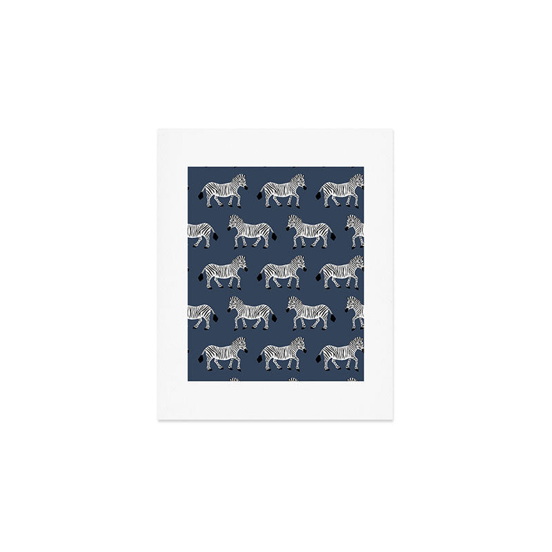 Zebra Parade - Black and White on Denim Navy Blue Art Print Gallery Image 1