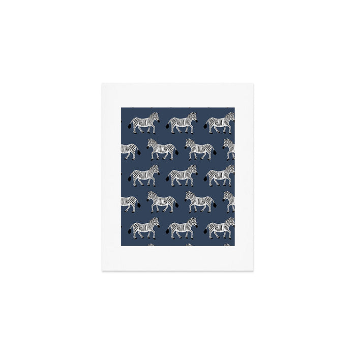 Zebra Parade - Black and White on Denim Navy Blue Art Print Gallery Image 1