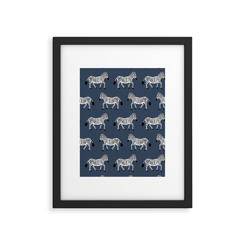 Zebra Parade - Black and White on Denim Navy Blue Framed Art Print Gallery Image 6