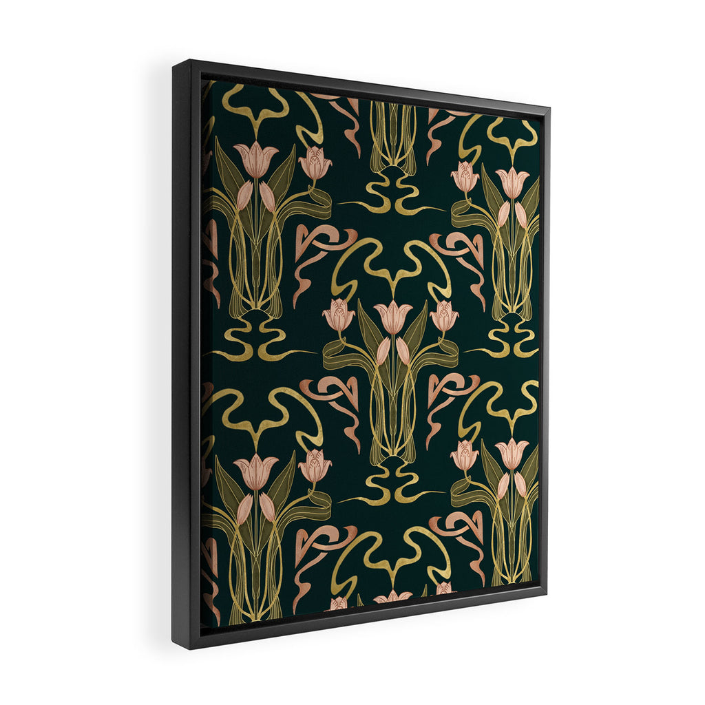 Deco Tulip Bloom - Art Deco Floral Nouveau Deep Forest Framed Canvas Print Gallery Image 2