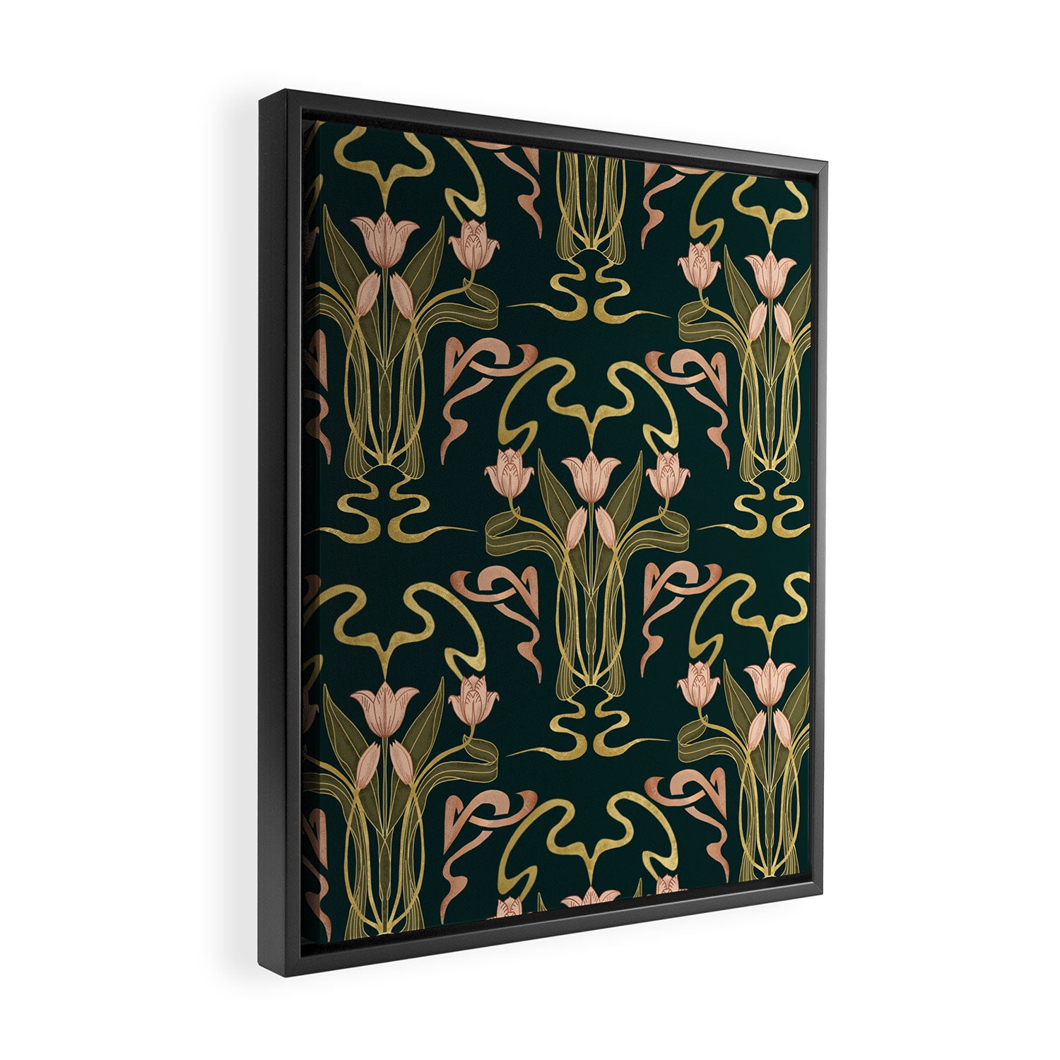 Deco Tulip Bloom - Art Deco Floral Nouveau Deep Forest Framed Canvas Print Gallery Image 2