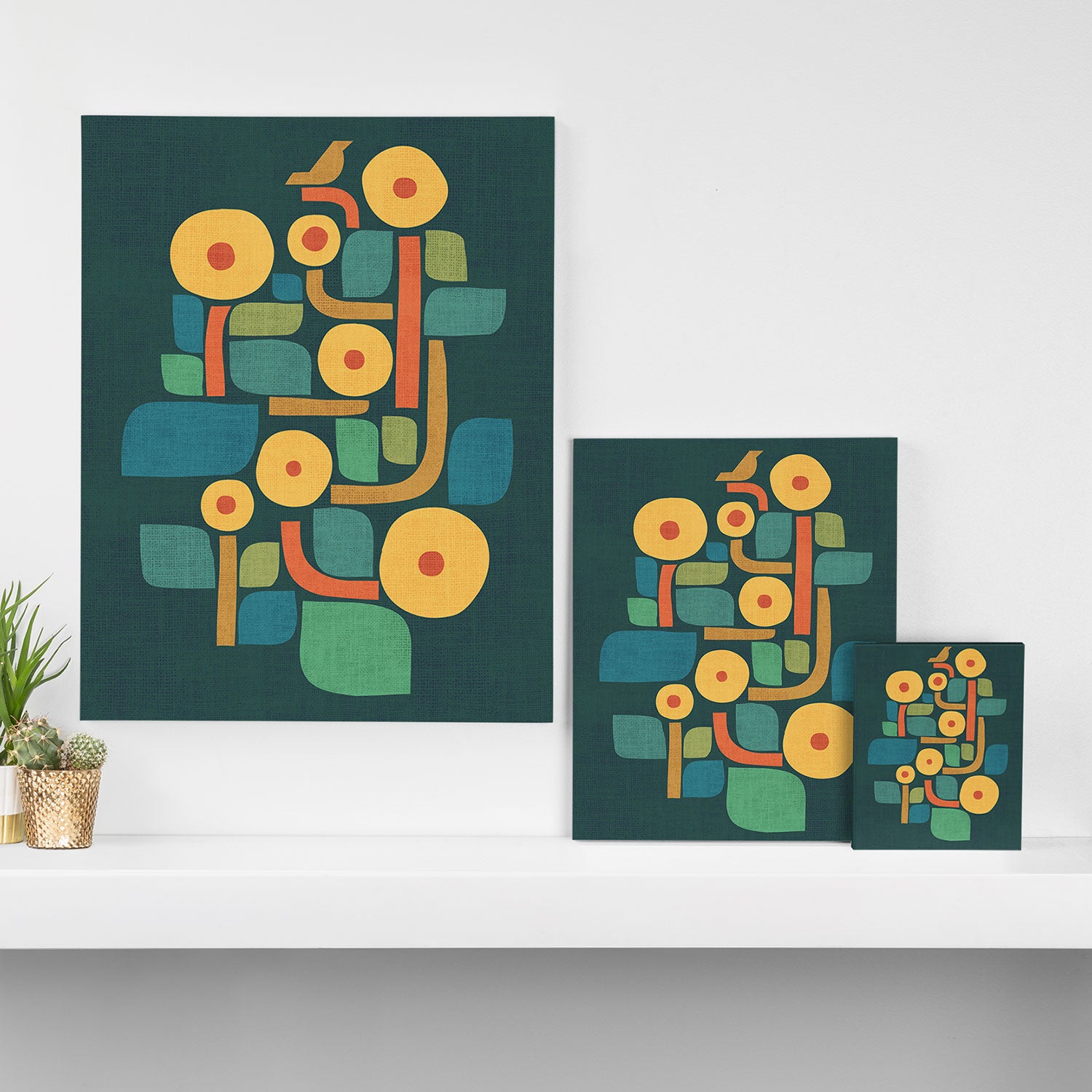 Bird in mid-century garden Canvas Print Gallery Image 3